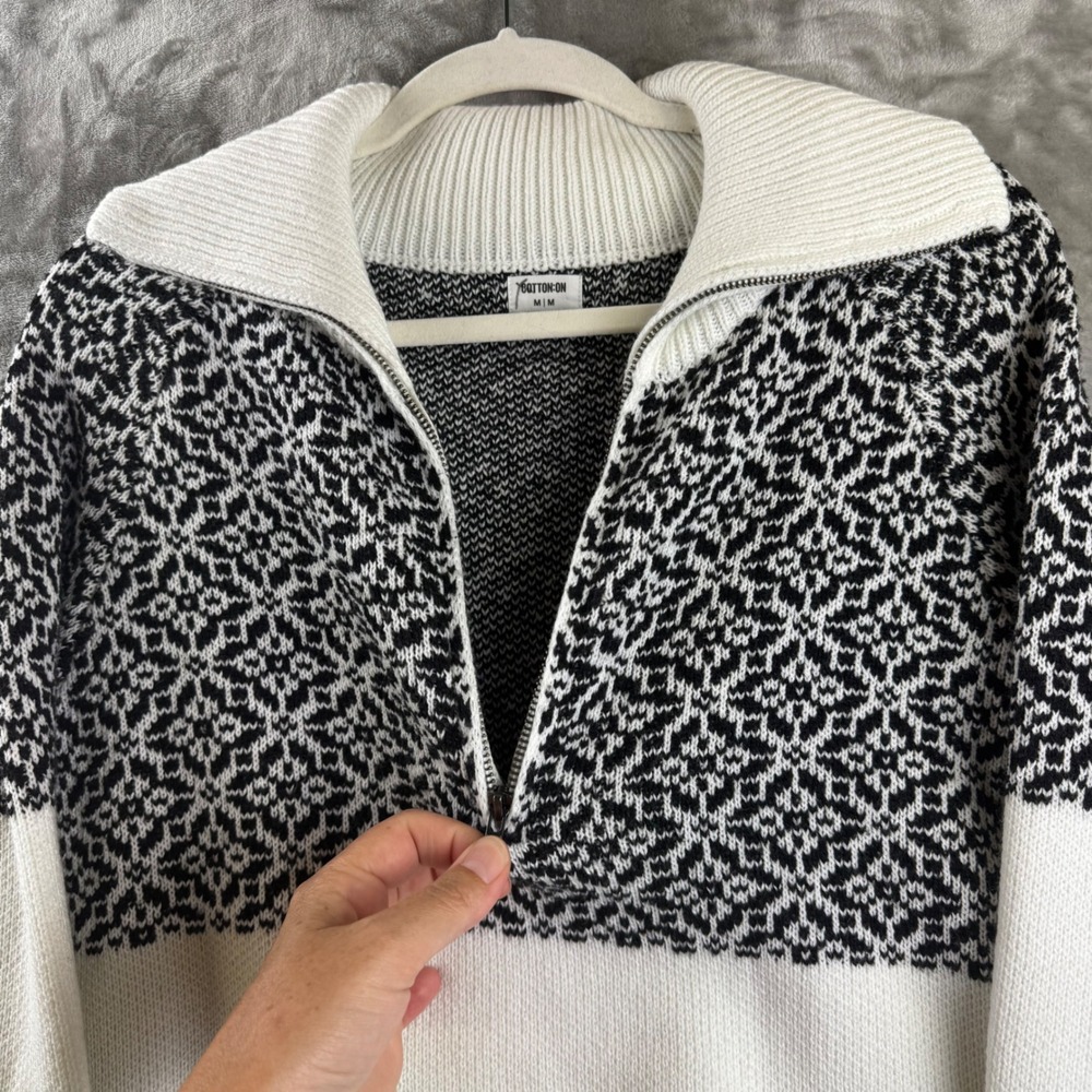 Cotton On Sweater Women Medium White Black Fair Isle Quarter Zip Pullover (1757) - Picture 3 of 8